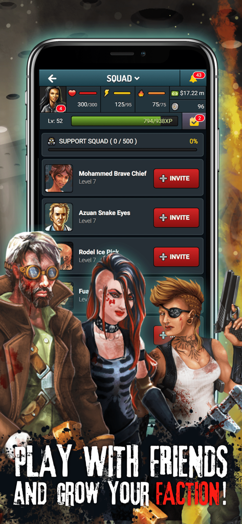 Zombie Slayer: Apocalypse Game - Squad management screen in Zombie Slayer Apocalypse Game where players can invite friends to their faction