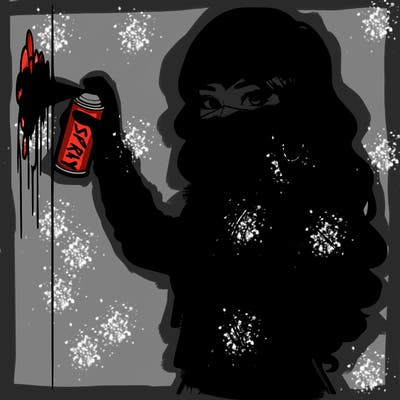 realistic girl with mask spray painting a wall