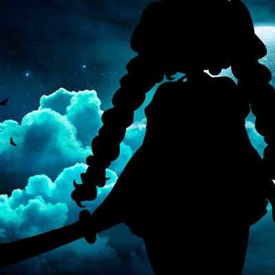 anime girl with chunky braids and sword with short skirt