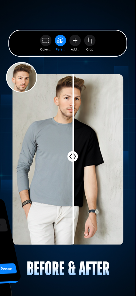 Comparison view showing before and after AI photo editing on a portrait.