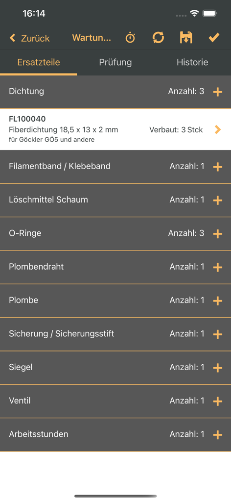 Bildschirm der esmobile 14 App zur Verfolgung von Ersatzteilen und Arbeitsmaterialien während Außendiensteinsätzen