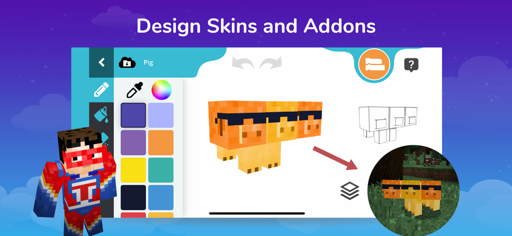 Tynker: Coding for Kids - Interfaccia dell'app Tynker che mostra uno strumento per progettare skin e addon personalizzati di Minecraft per mob