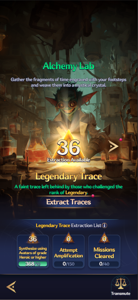 Legend of Avatar - La schermata del Laboratorio Alchemico in Legend of Avatar che mostra il menu di estrazione Tracce Leggendarie e un alchimista goblin.