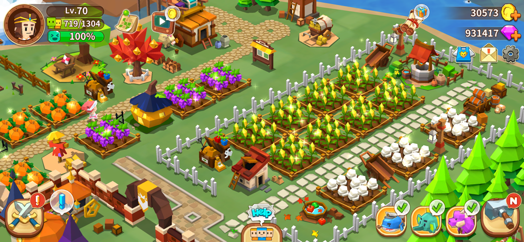 Vista isométrica de una granja vibrante en FantasyTown mostrando campos de cultivo y edificios de la ciudad