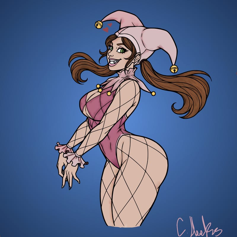 make a very pretty curvy female jester with siren like eyes and a smile with fangs