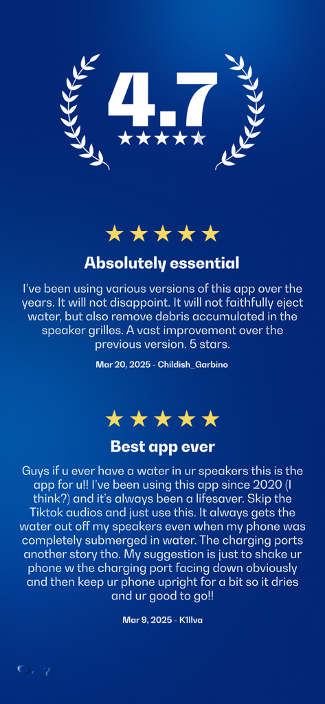A display of positive user reviews and a 4.7 star rating for the Sonic Tone Generator app on a blue background.