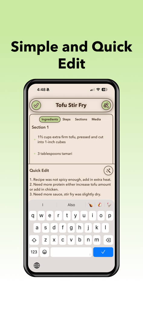 Sprout - Competitive Cooking - Screenshot of the Sprout app showing the quick edit feature for a Tofu Stir Fry recipe with text input for adjustments