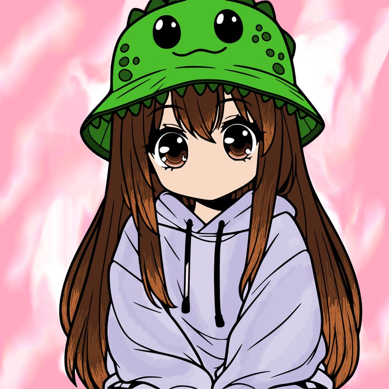 girl with anime shaped eyes with a dinosaur bucket hat oversized sweatshirt long straight hair