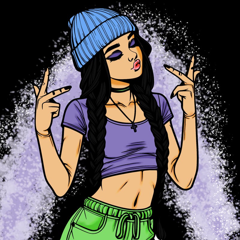 realistic teenage girl with braids and a beanie and crop top doing 🫶🏼