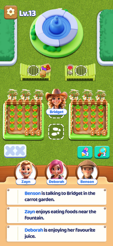 Arrange It! - Logic Puzzle - Gameplay screenshot of Arrange It! Logic Puzzle showing a logic deduction level with character portraits and text clues.