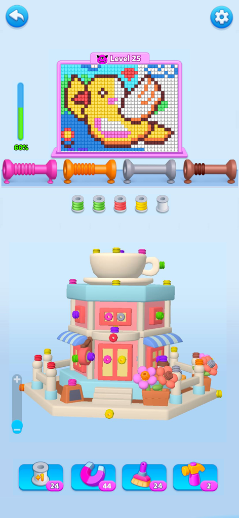 Gameplay di Wool Escape 3D che mostra un modello 3D di un caffè e un dipinto pixel art di un uccello che viene completato con filato.