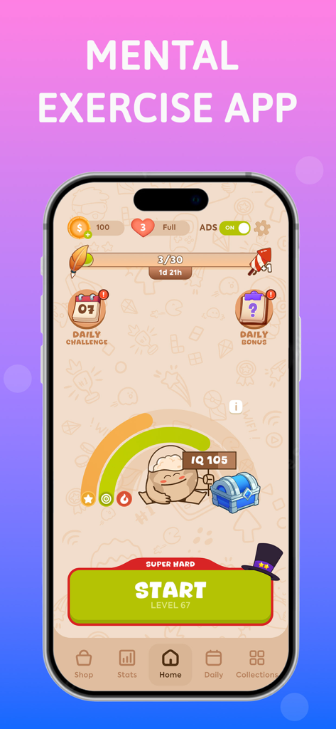 Cryptogram: Number & Word Game - Smartphone screen showing the Cryptogram app home menu with daily challenges and IQ tracking