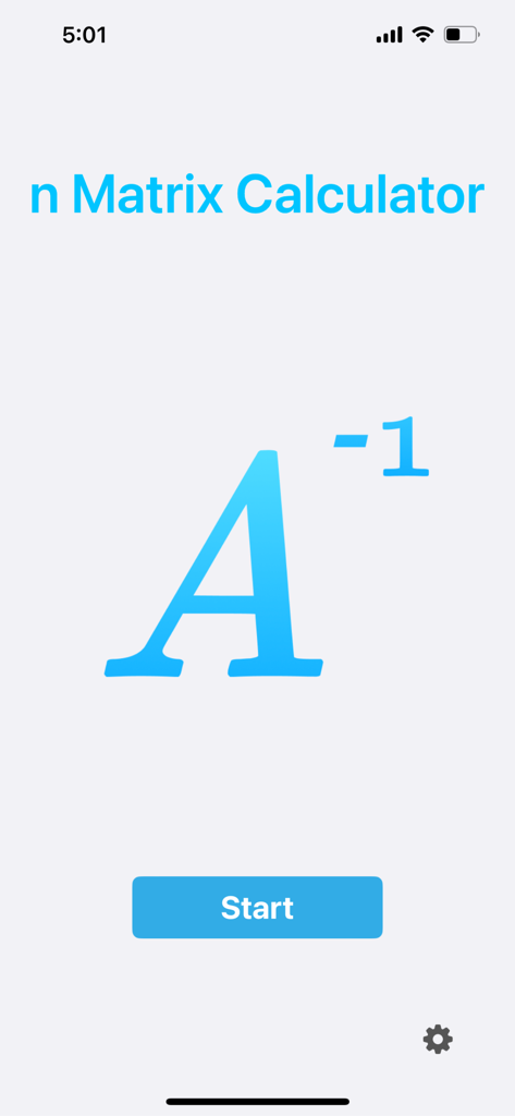 n Matrix Calculator - Home screen of the n Matrix Calculator app featuring a start button and an inverse matrix symbol