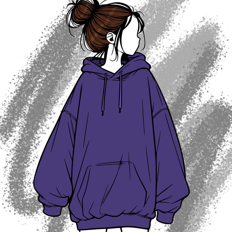 realistic girl with a oversized sweatshirt on and a bun