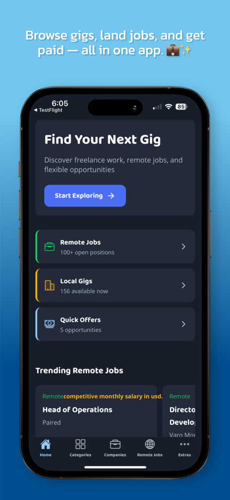 Feta - Make Money Online - Smartphone screen displaying the Feta app with categories for remote jobs and local gigs.