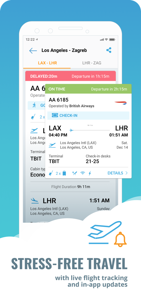Fareboom Discount Flights - Fareboom mobile app interface displaying real time flight status and check in reminders