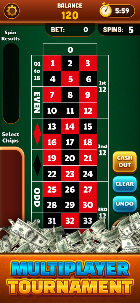 Real Money Roulette & Slots - Real money roulette game screen showing a multiplayer tournament betting board with cash prizes.