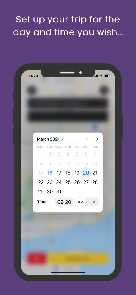 Taximes app interface showing a calendar and time selector for advance trip scheduling