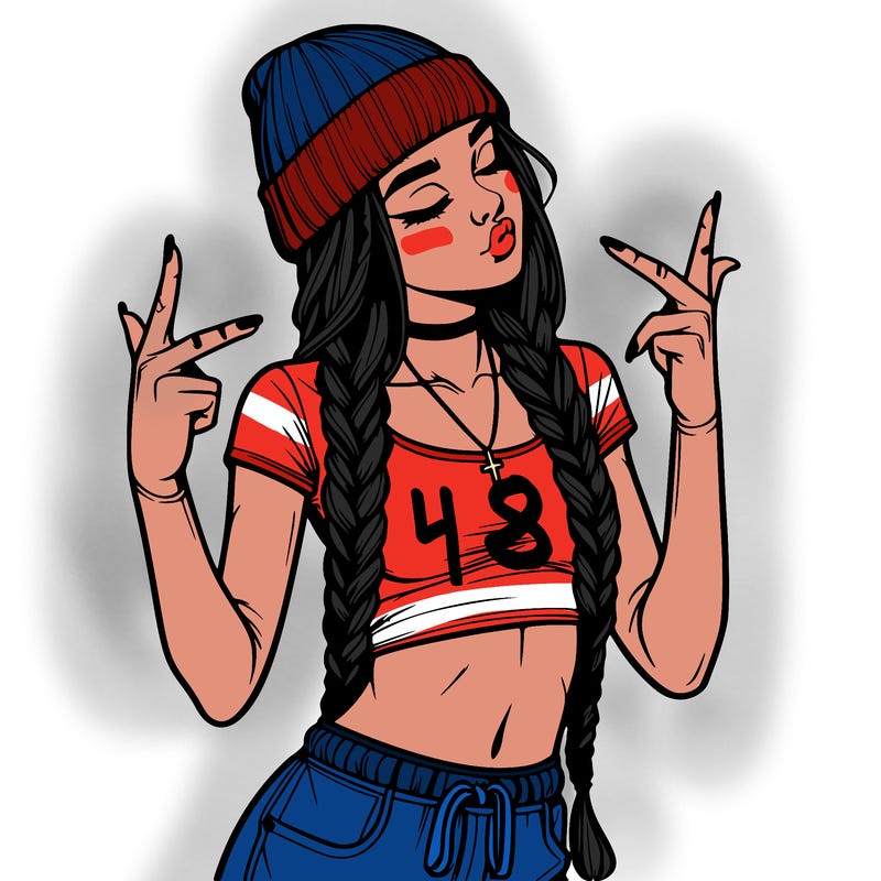realistic teenage girl with braids and a beanie and crop top doing 🫶🏼