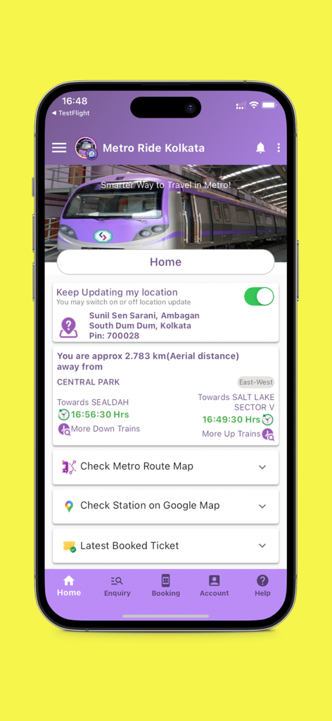 Aamar Kolkata Metro - Home screen of Aamar Kolkata Metro app showing train schedules and station information