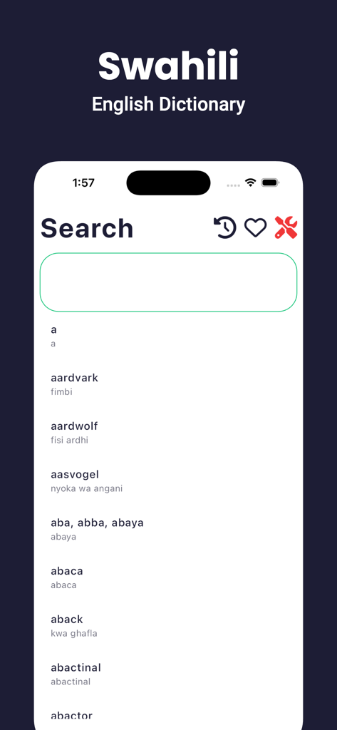 Swahili Dictionary - Dict Box - Search interface of the Swahili English dictionary app showing a list of words and translations