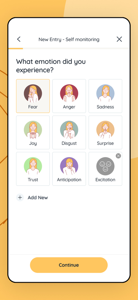 Emotion selection screen in the Skinpick app for self-monitoring dermatillomania triggers