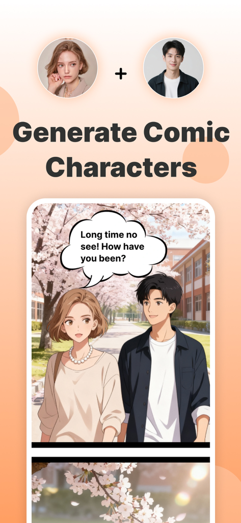 PixComic – AI Comic Generator - PixComicのアプリスクリーンショット。2つの人物のポートレート写真が、キャラクターと吹き出しのあるAI生成マンガコミックパネルに変換されている様子が表示されています。