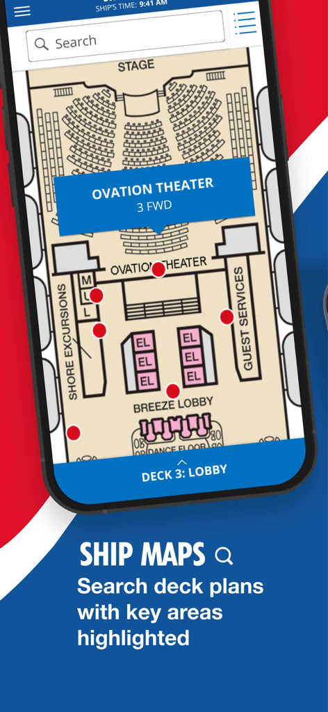 Carnival HUB app screenshot displaying a searchable deck plan map for a cruise ship lobby and theater