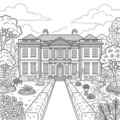 Step into a world of classical elegance with this beautiful Georgian mansion coloring page. Featuring symmetrical architecture and a lush garden, it promises a relaxing and detailed coloring experience.