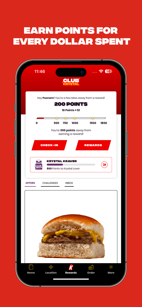 Krystal mobile app loyalty screen showing point balance and reward progress