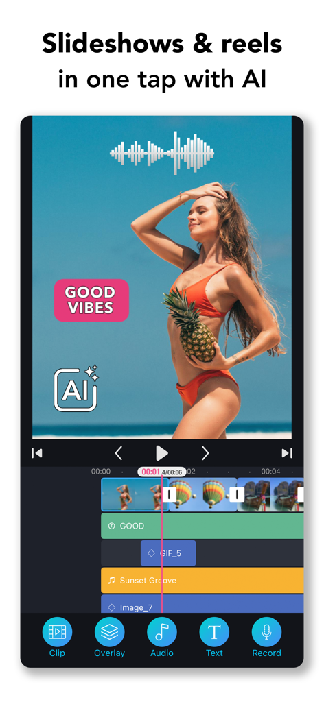 ClipIt - Video Maker & Editor - Oberfläche des ClipIt-Apps zur mobilen Videobearbeitung, die die KI-gestützte Reel-Erstellung mit einem Strandvideo und einer Mehrspur-Zeitleiste zeigt.