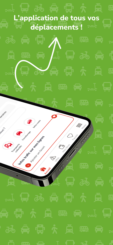 Interfaz de la app móvil Oise Mobilite mostrando transporte público y funciones de coche compartido