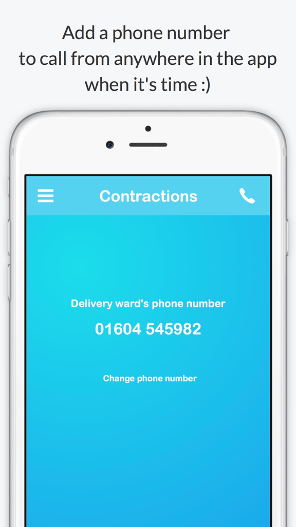 Smartphone screen showing the delivery ward phone number interface in the Contractions app