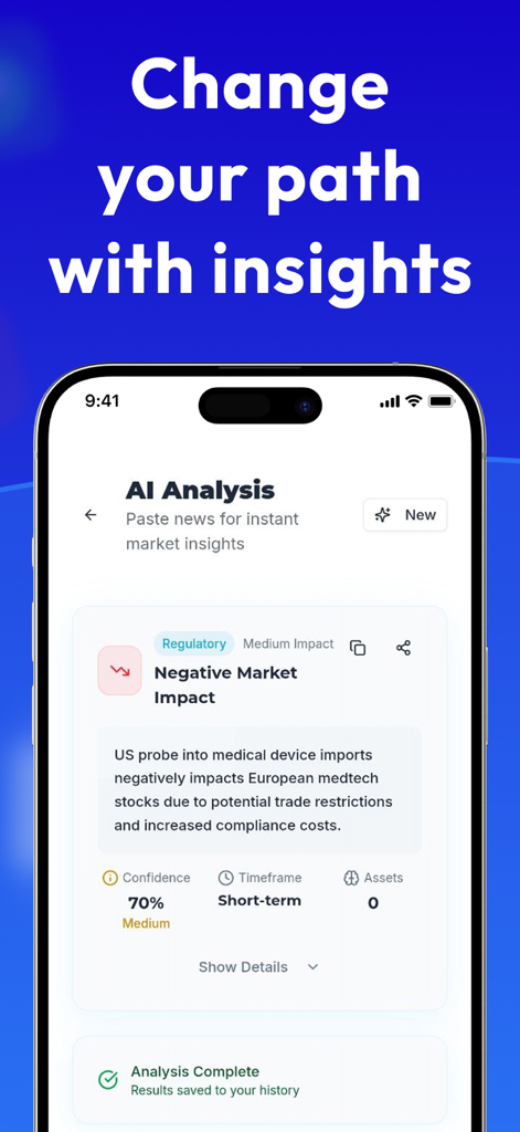 Pocket Option AI Interpreter interface showing a financial news analysis with market impact insights and confidence scores