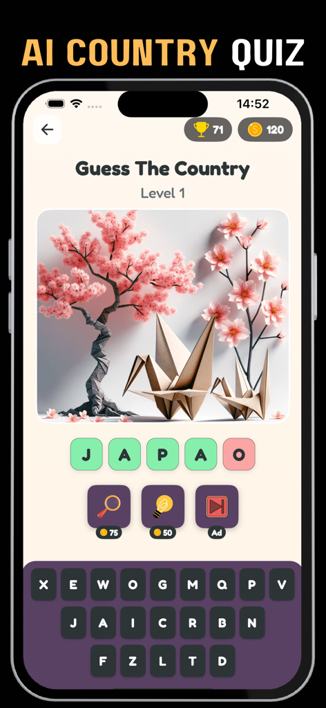 Captura de pantalla de la aplicación TimeGuess que muestra un nivel Adivina El País con una imagen de IA de flores de cerezo y origami.
