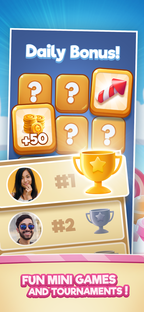 Screenshot of Word Sweets app showing daily bonus rewards and a competitive tournament leaderboard