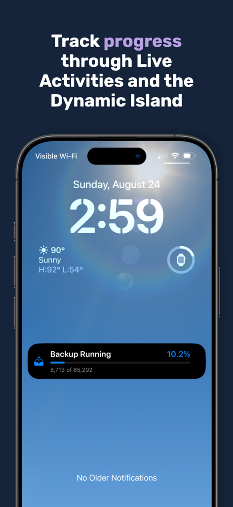 Parachute Backup Mobile - Der Fortschritt von Parachute Backup wird auf dem Sperrbildschirm eines iPhones mithilfe von Live-Aktivitäten angezeigt.