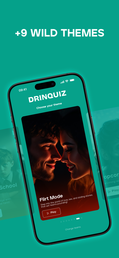 Interfaccia dell'app Drinquiz che mostra la schermata di selezione del tema con la modalità Flirt evidenziata per coppie o amici.