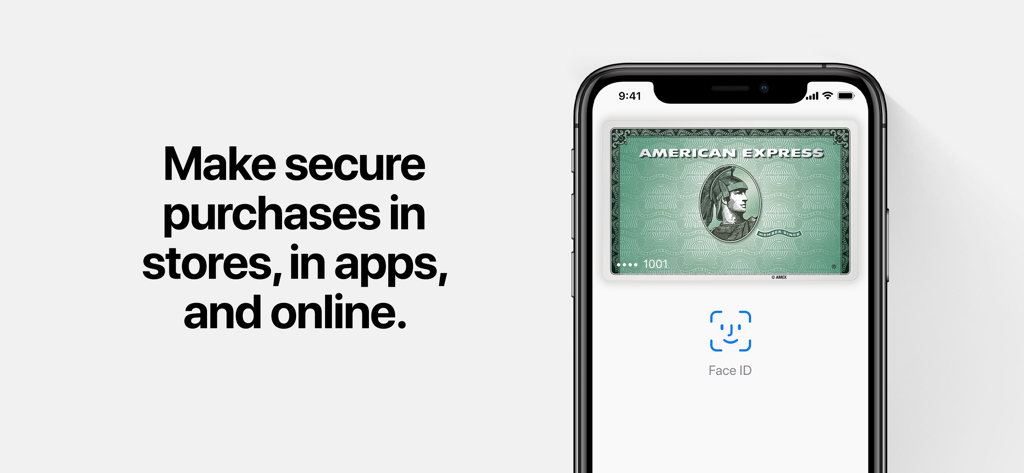 iPhone exibindo um cartão American Express na Apple Wallet com um ícone de Face ID para pagamentos digitais seguros