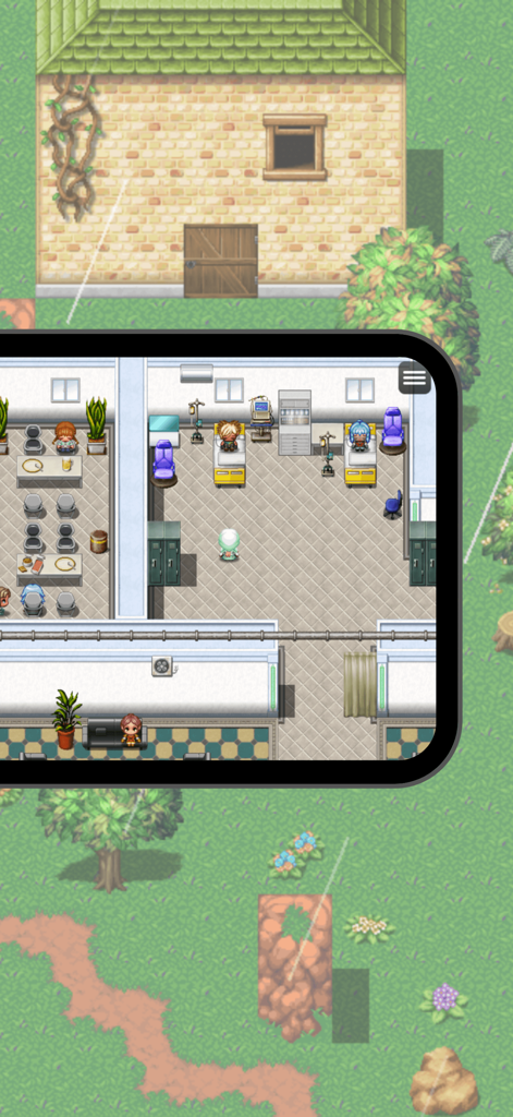 Una escena RPG estilo pixel art desde arriba que muestra un interior médico moderno con pacientes y un edificio de piedra en un paisaje exterior.
