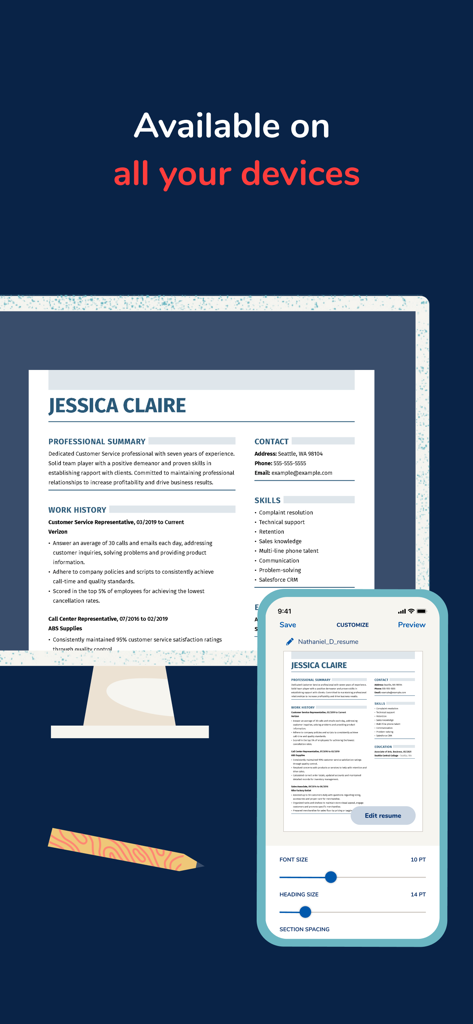 A professional resume displayed on both a desktop computer and a smartphone illustrating cross-device accessibility and mobile editing features.
