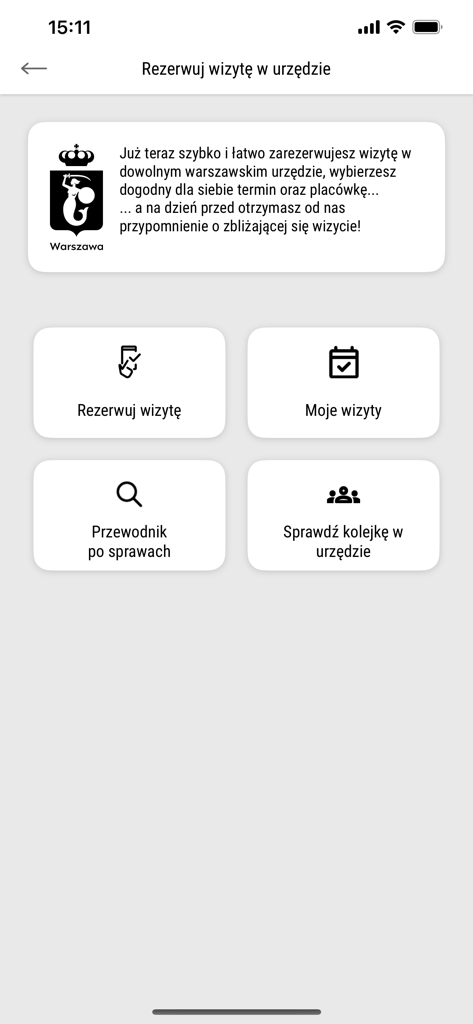 Warszawa 19115 - 사무실 방문 예약 및 시립 사무소 대기열 확인을 위한 바르샤바 19115 앱 인터페이스