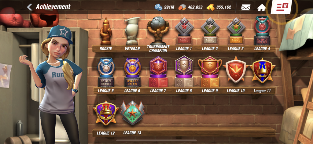 A character in the game Boxing Star stands next to a trophy shelf displaying various league progression awards.