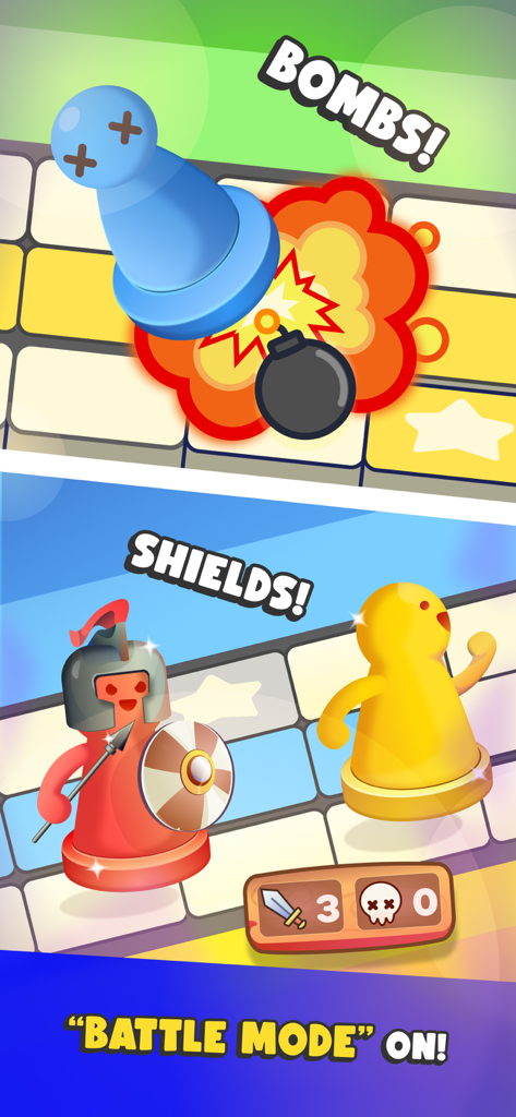 Ludo Legend Battle Mode showing bomb and shield power-ups on a colorful game board.