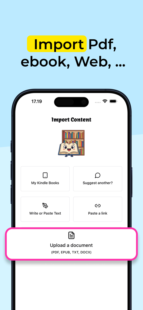 Interfaz de TTS Reader Pro mostrando opciones para importar libros de Kindle, pegar enlaces y cargar documentos como PDF o EPUB.