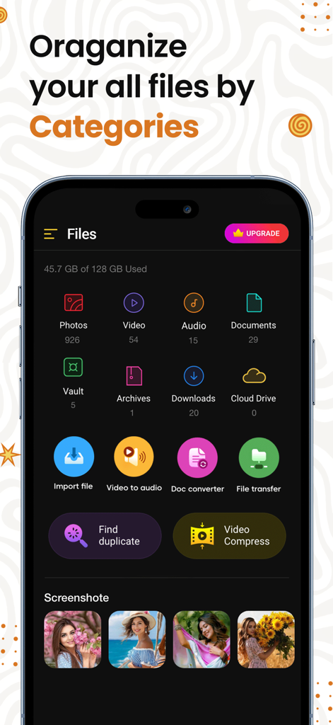 Interfaz de la aplicación móvil mostrando categorías de organización de archivos y herramientas de utilidad