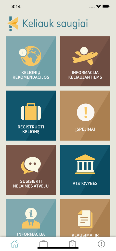 Keliauk saugiai というリトアニアの渡航安全アプリのメインメニュー。渡航推奨事項や旅行登録などのカテゴリが表示されています。