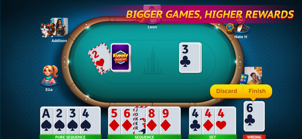 Rummy Master - Rummy Master game interface showing a multiplayer card match with sequences and sets