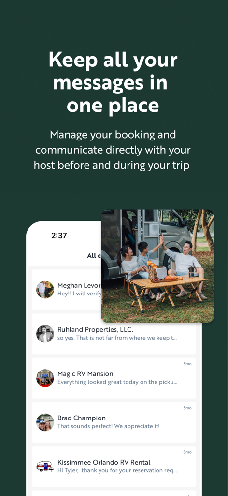 Outdoorsy - Rent an RV - Outdoorsy mobile app interface showing message threads with RV owners and hosts