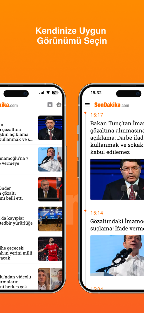 Son Dakika - Two iPhone screens displaying different news feed layout options for the Son Dakika Turkish news app.
